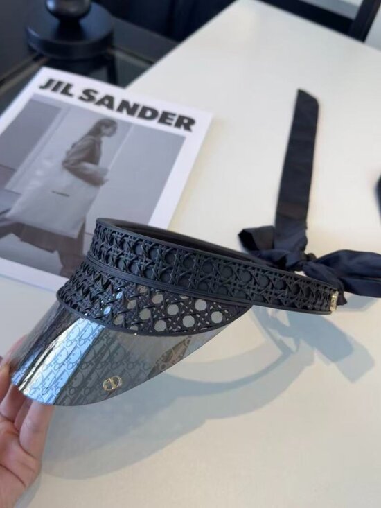 ?Dior-Style Black Woven Logo Visor Sun Hat
